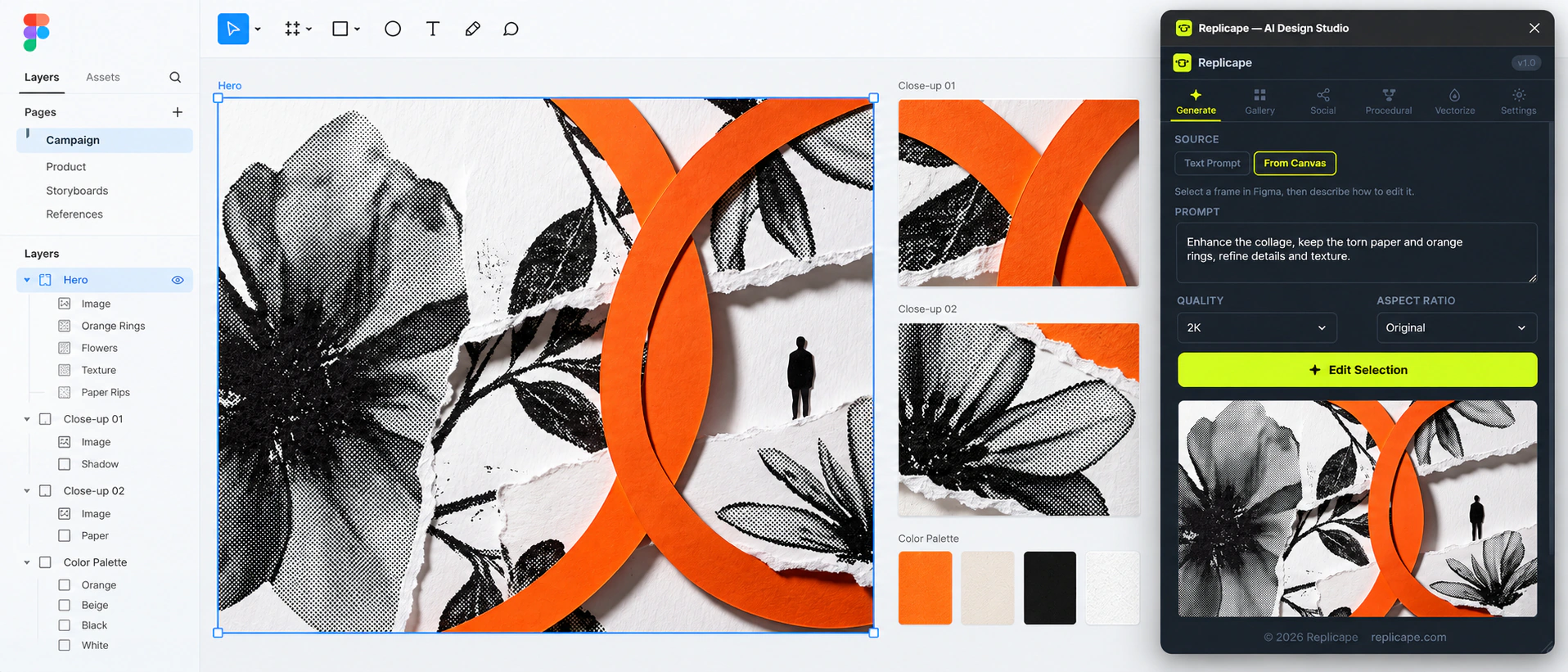 Vista ilustrativa de Figma con un collage botánico y el panel Replicape editando la selección del canvas.