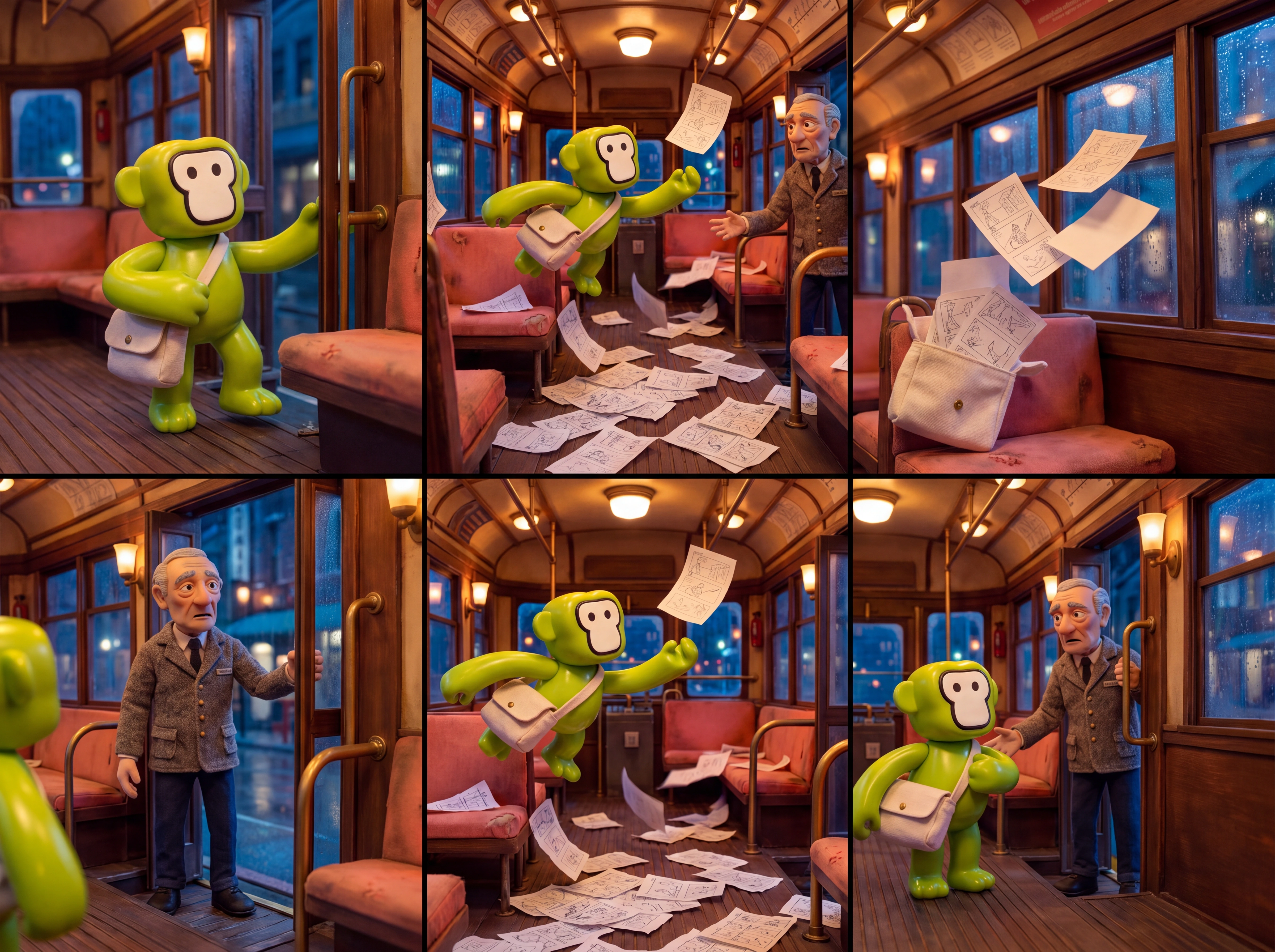 Seis cuadros de storyboard muestran a un mono verde courier recuperando un paquete rojo en un tranvía nocturno.