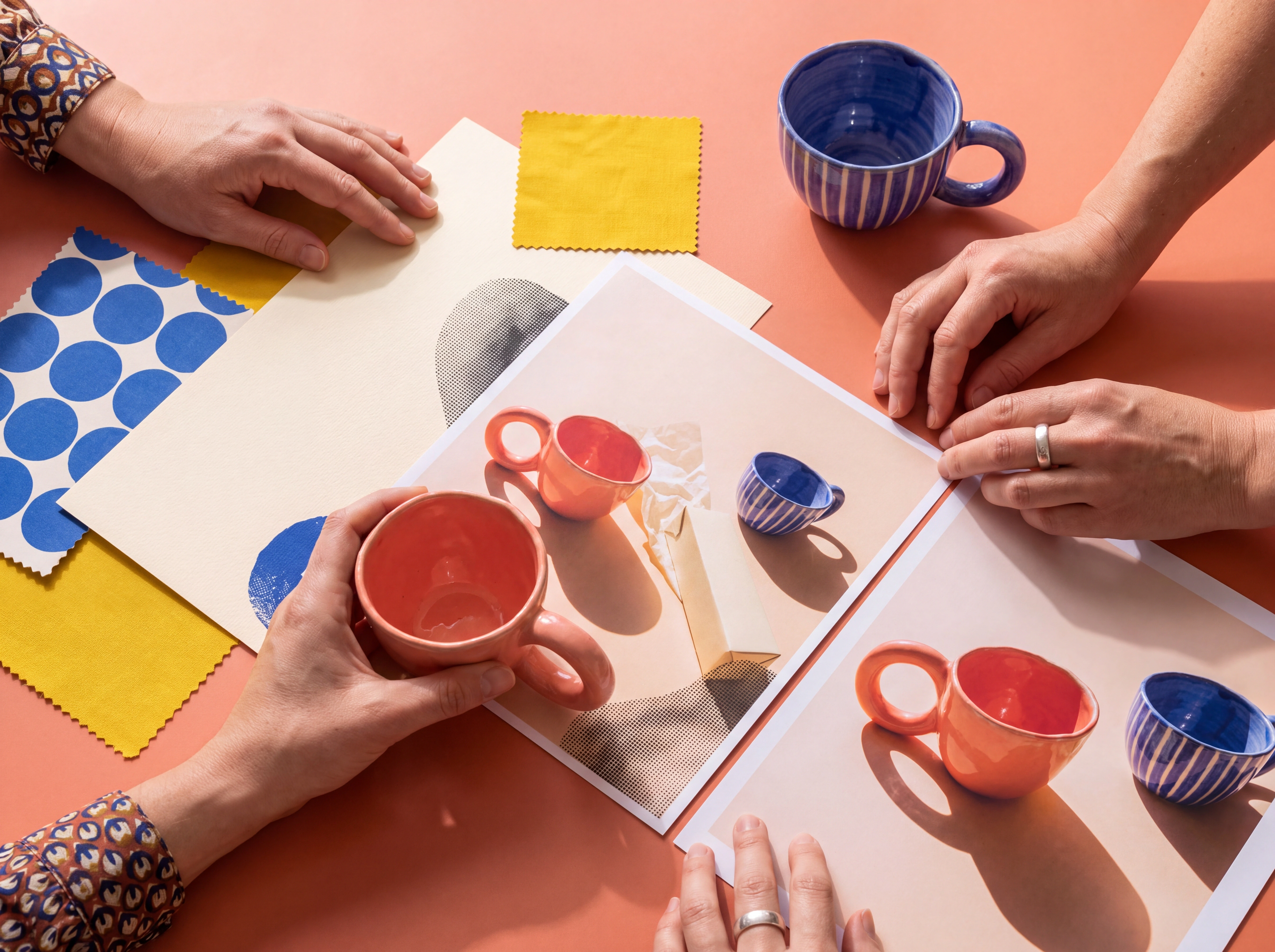 Tres personas trabajan con tazas de cerámica, fotos de producto y papeles azules y amarillos sobre una mesa coral.
