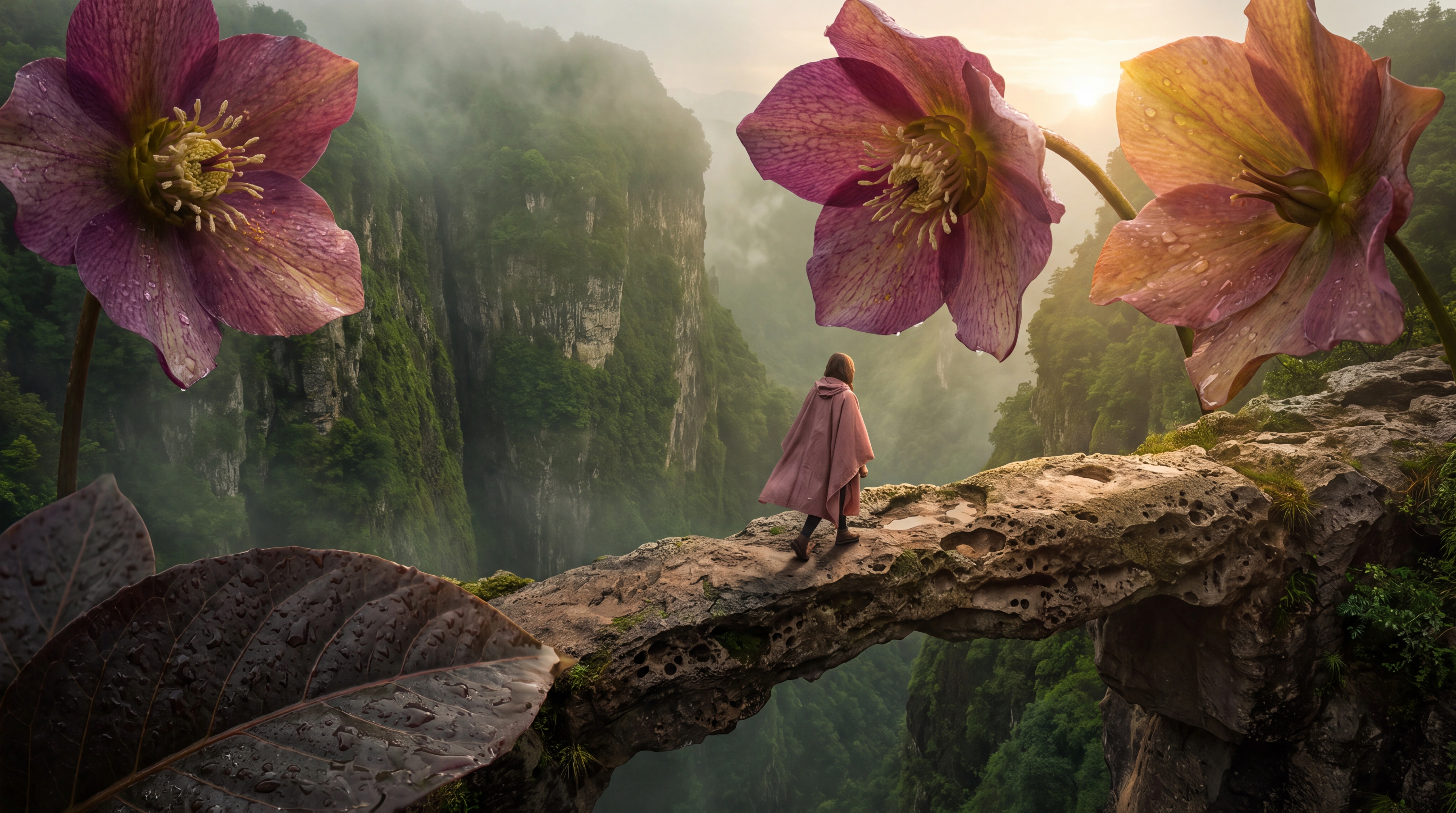 Una pequeña figura con capa rosa cruza un puente de piedra entre flores ciruela y ámbar gigantes en un desfiladero verde.